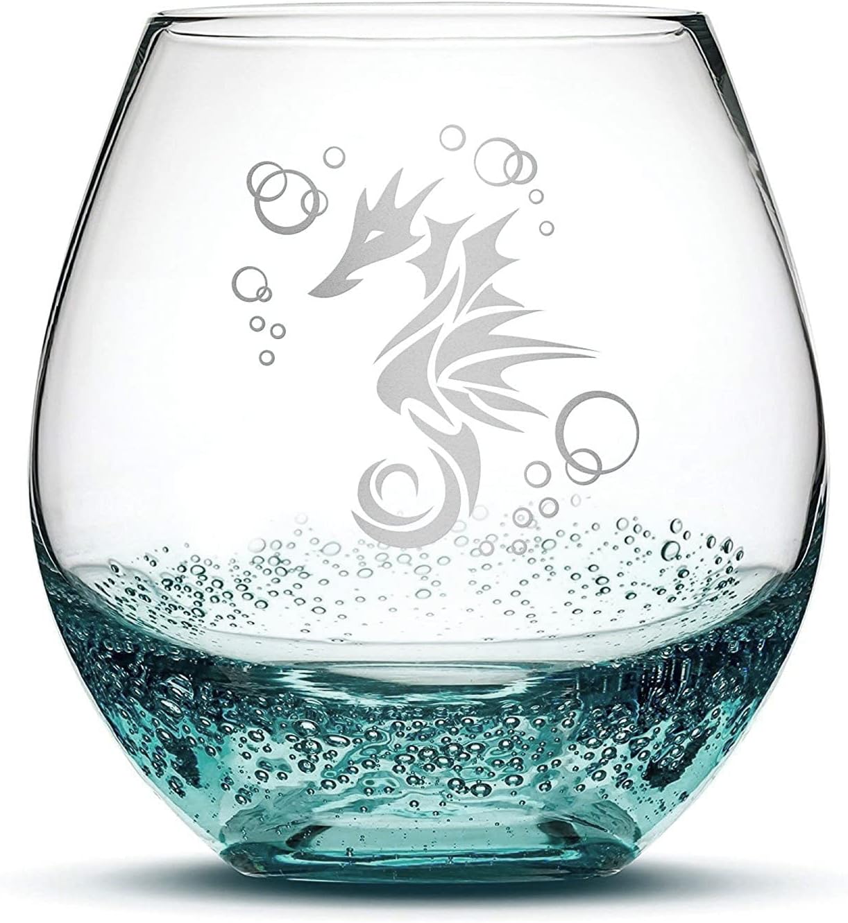 Integrity Bottles Tribal Seahorse Design Stemless Wine Glass, Handmade, Handblown, Hand Etched Gifts, Sand Carved, 18oz (Bubble Teal)