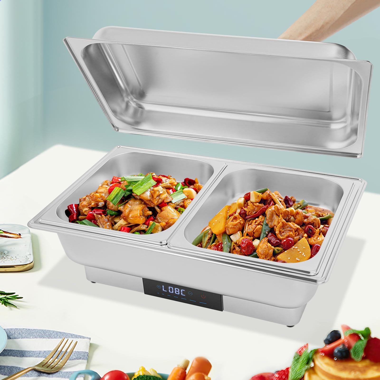 600W Chafing Dish Elektrisch Buffetwärmer Elektrisch Warmhaltebehälter Essen Wärmebehälter für Speisen mit Deckel Warmhaltegerät mit 35-90℃ Einstellbaretemperatur Buffetwärmer (2 x 4,5L)
