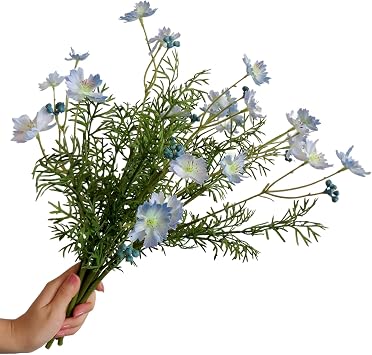 6pcs Artificial Silk Daisy Plastic Flower Bouquet Realistic DIY Greenery Shrubs Plants for Indoor Outdoor Home Decoration Table Centerpieces and Floral Arrangement Blue