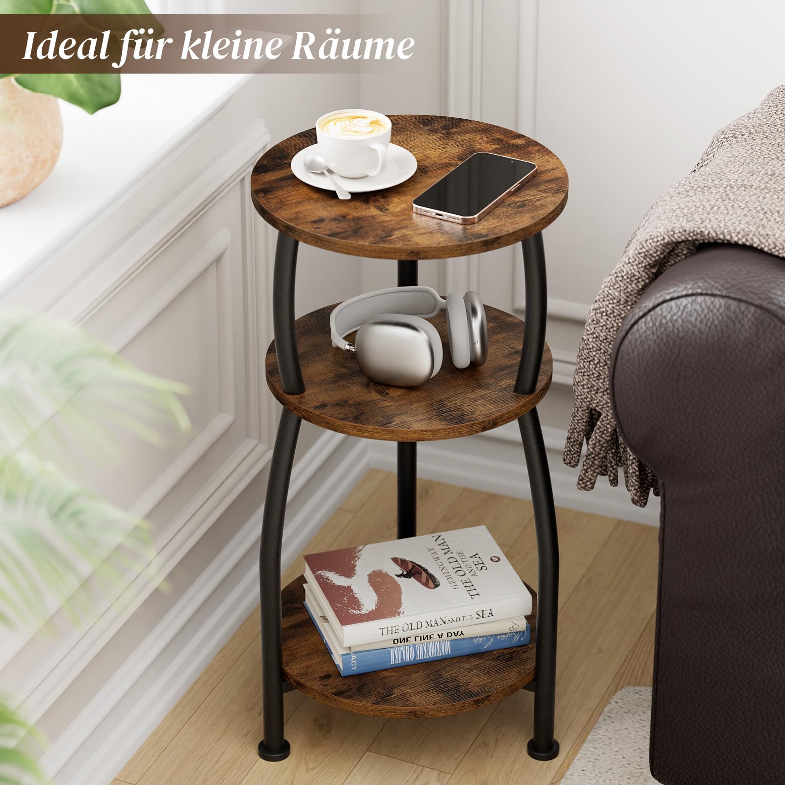 Beistelltisch rund, Kleiner Runder Tisch 3 Ebenen, Couchtisch klein mit Aufbewahrung, Nachttisch, Kaffeetisch, Sofatisch für Wohnzimmer, Schlafzimmer, Metall, modern (Braun)