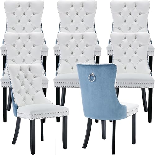 Miniatura 25 de Juego de 2 sillas de cocina y comedor de terciopelo, respaldo exterior capitoné, tapizadas en terciopelo, estructura de madera maciza (celeste, 2