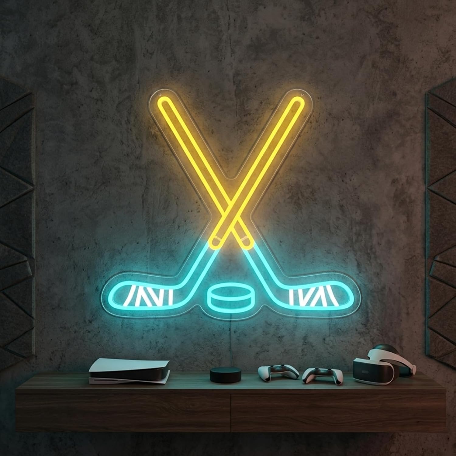 Ice Hockey Neon Sign 20icnhes LED Dimmable Crossed Hockey Sticks Neon Light Up Sign Sport Wall Decor for Man Cave Game Playroom Room Bedroom