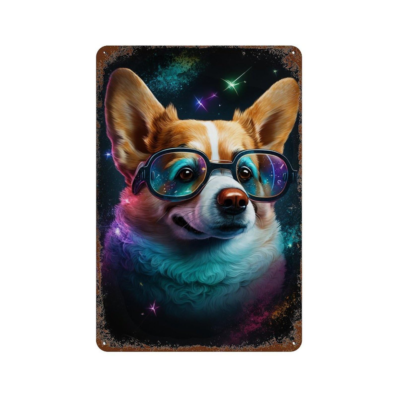 Rust Effect Cosmic Corgi Glasses Rusty Metal Tin Sign 11.8"x7.9", Industrial Home Decor for Living Room, Hallway And Home Decor