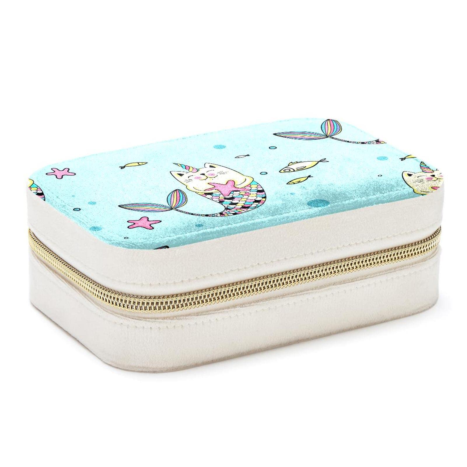 Petite boîte à bijoux bleue avec motif chat sirène et compartiments