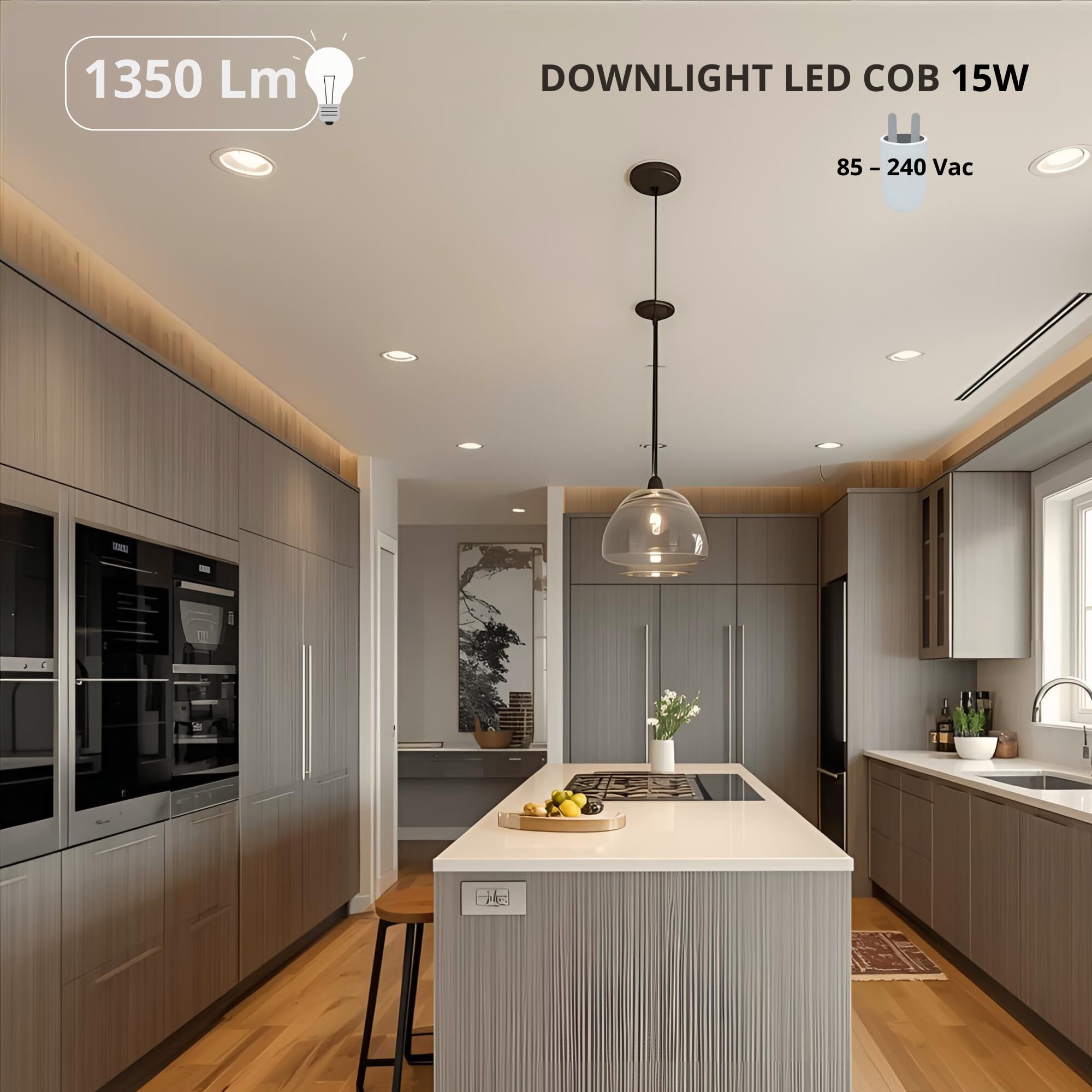 Jandei – Downlight LED COB 15W Empotrable, Foco Marco Redondo Blanco, 165x50mm (Hueco Corte 130-135mm), 1350 Lumen, IP44. Ideal para Salón, Cocina, Baño (Luz Natural 4200K, 1 Unidad)