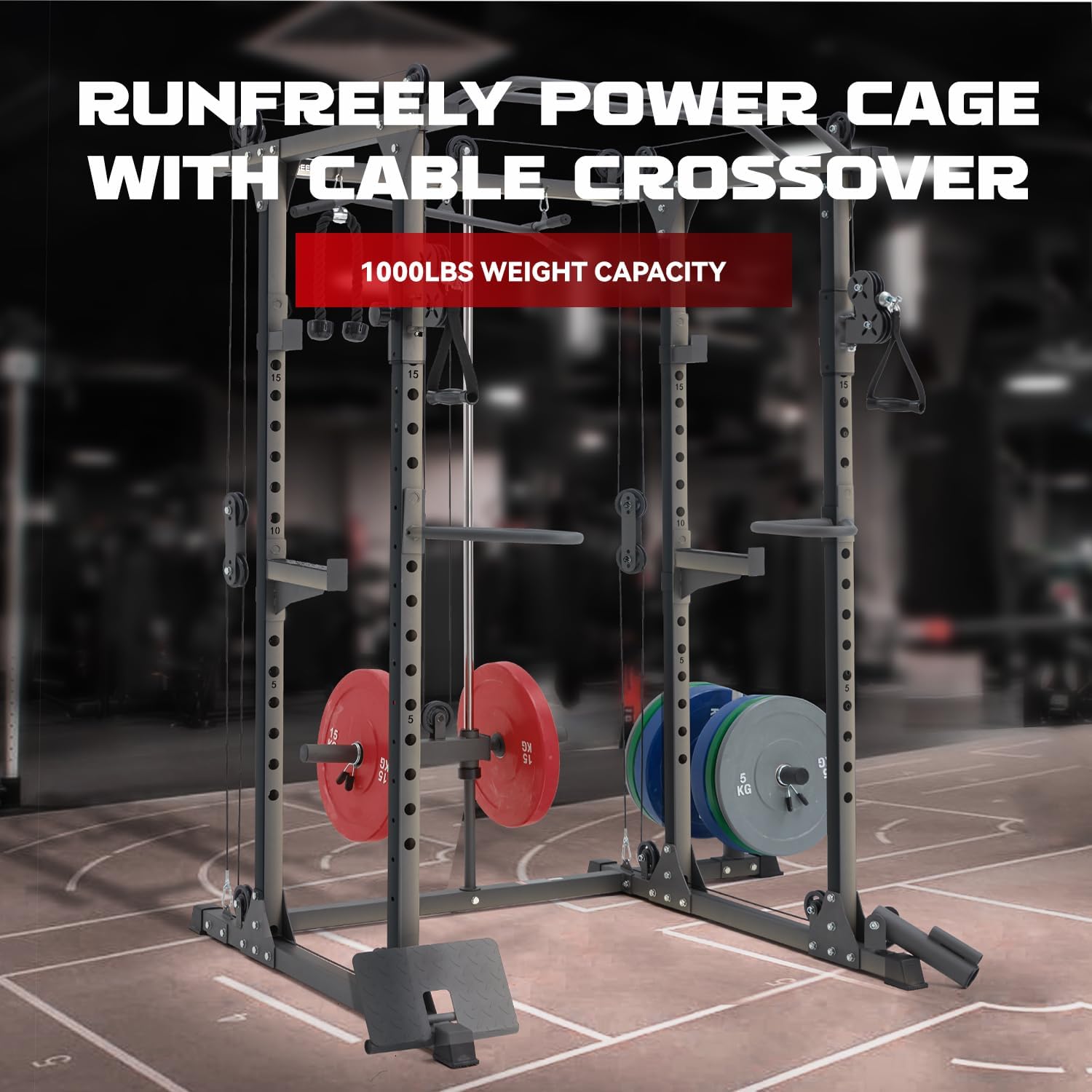 RUNFREELY Power Cage with cable crossover and weight plates, showing 1000lbs capacity