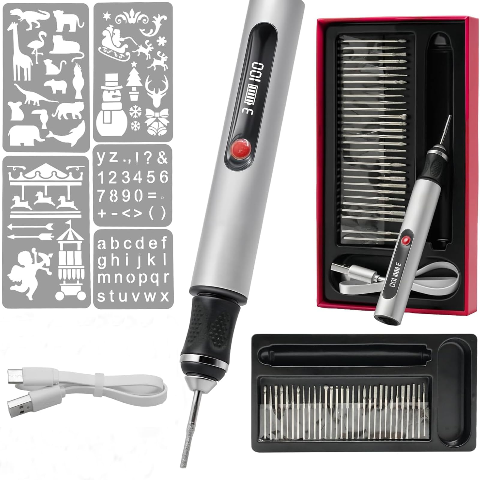 Gravierstift – Kabelloser elektrischer Gravur Stift mit 30 Bits, tragbarer Gravierstift für über 50 Materialien, wiederaufladbares Design für Künstler und DIY-Anwender