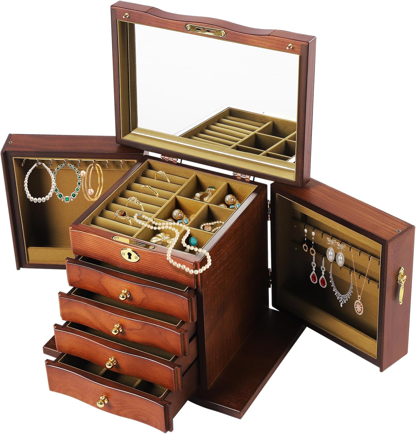 5 Layers Locking Jewelry Organizer with4 Pull-out Drawer,Rings Necklaces Organizer with Side Doors,Wood Organizer for Jewelries, Necklaces, Rings, Vintage Style Storage Box with Mirror