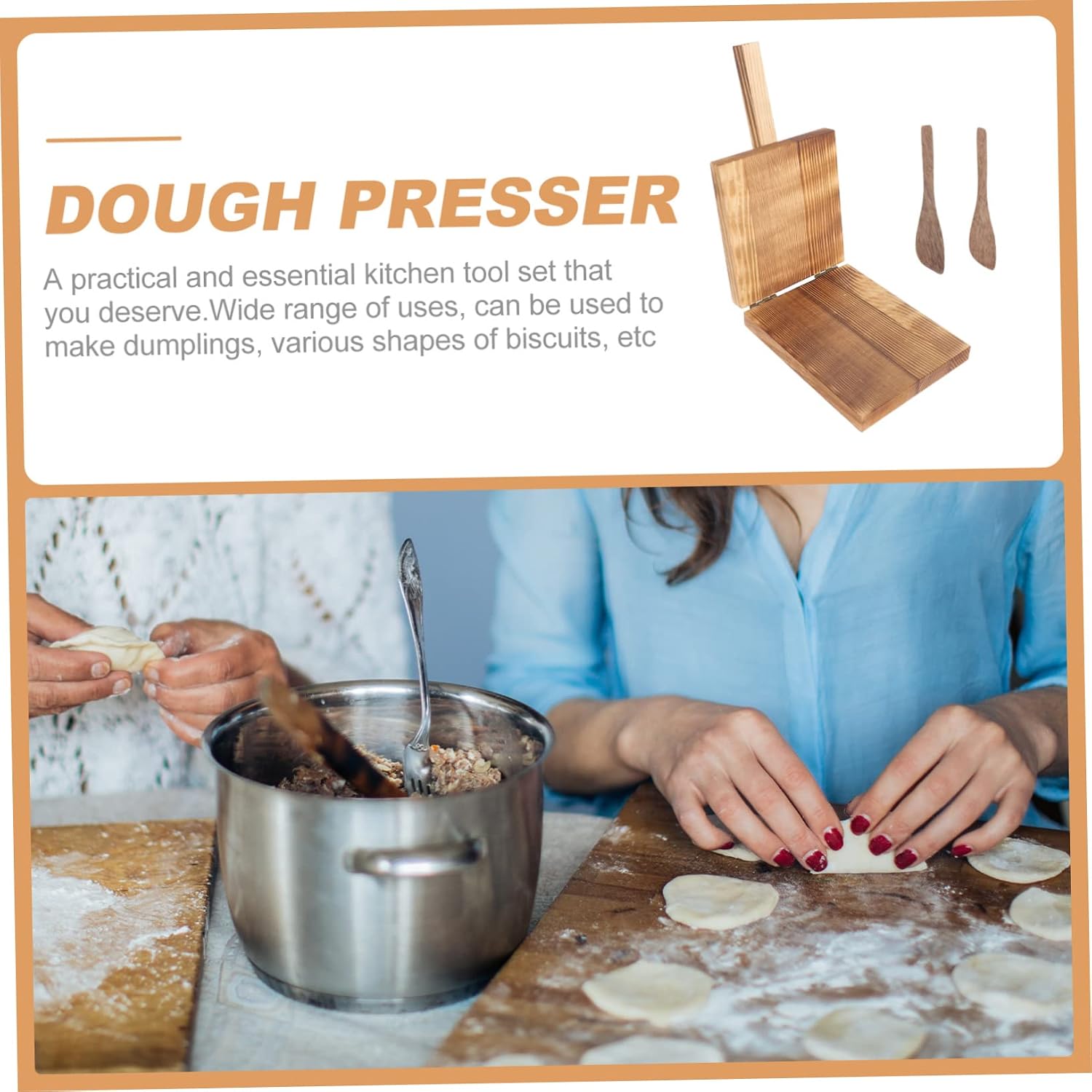 Wooden Dumpling Dough Presser Set with 2 Knives Brown
