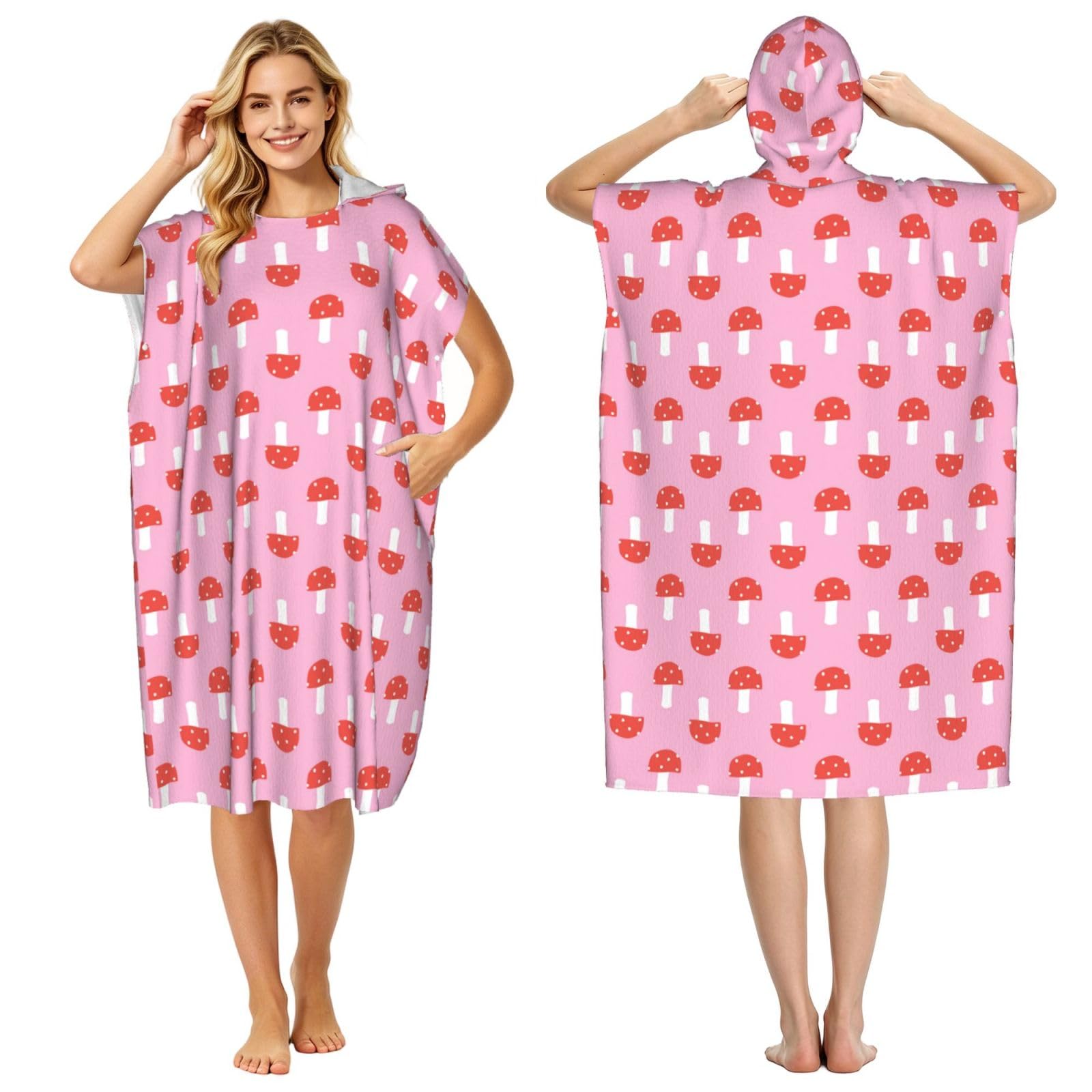 Poadnly Mushrooms Pink Red, Adult Hooded Beach Towel 90 x 110 cm,Changing Bath Robe, Surf Poncho Towel For Women Men