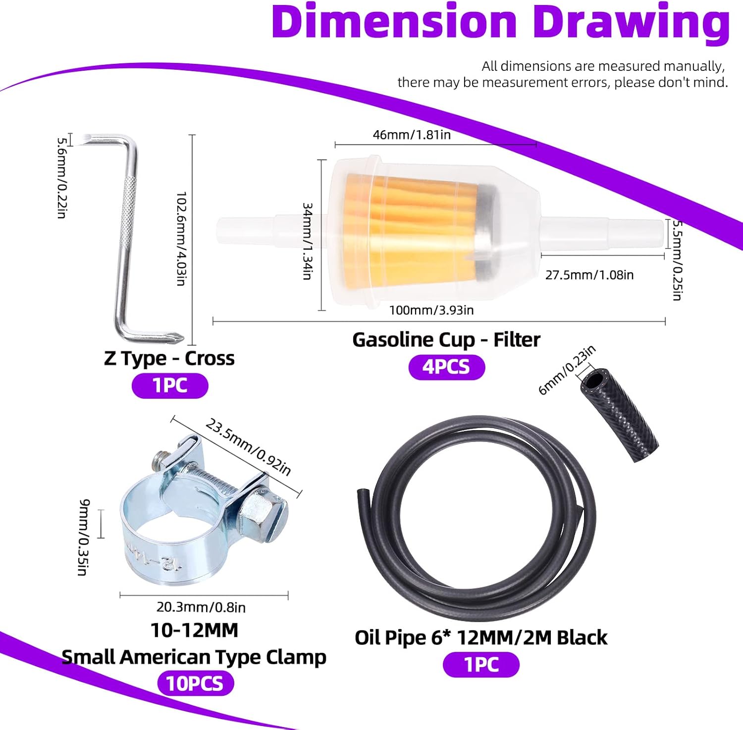 Swpeet 16Pcs 1/4 Inch ID Fuel Line Set, 2 Meter-6.5 Feet Length Black Fuel Line Hose with Fuel Filters, 10Pcs Zinc Plated Mini Fuel Injection Line Style Hose Clamp and Z-shape Wrench for Small Engines
