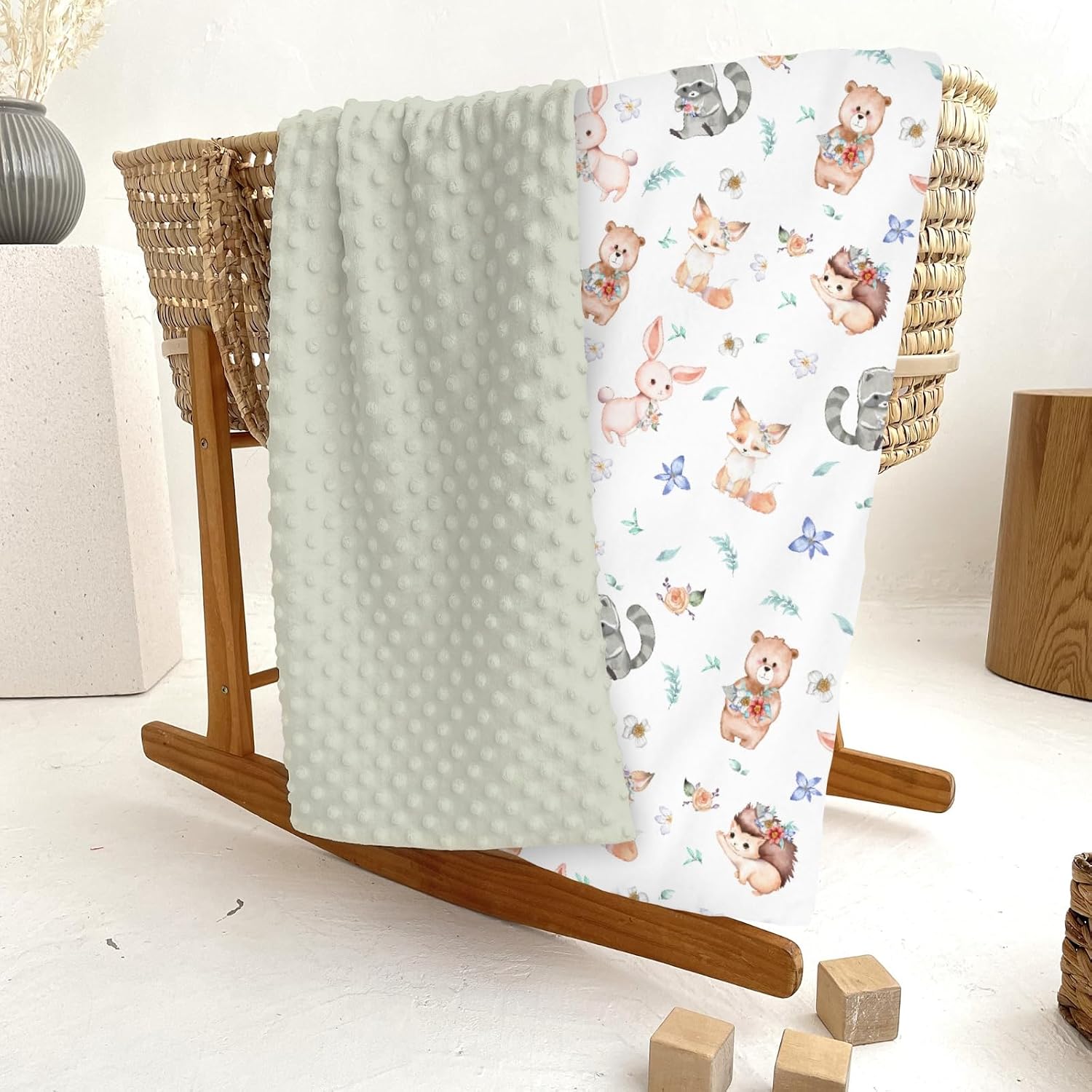 Cute Animals Spring Baby Blankets for Girl Boy Bear Bunny Hedgehog Raccoon Fox Floral Soft Mink Dotted Backing Double Layer Swaddle Blanket for Toddler Nursery Forest Animal Bed Blanket 30x40