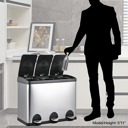 Miniatura 3 de Magshion Cubo de basura de 3 compartimentos con tapa para cocina, baño, dormitorio, pedal de pie, cubo de basura de acero inoxidable, 4 galones cada