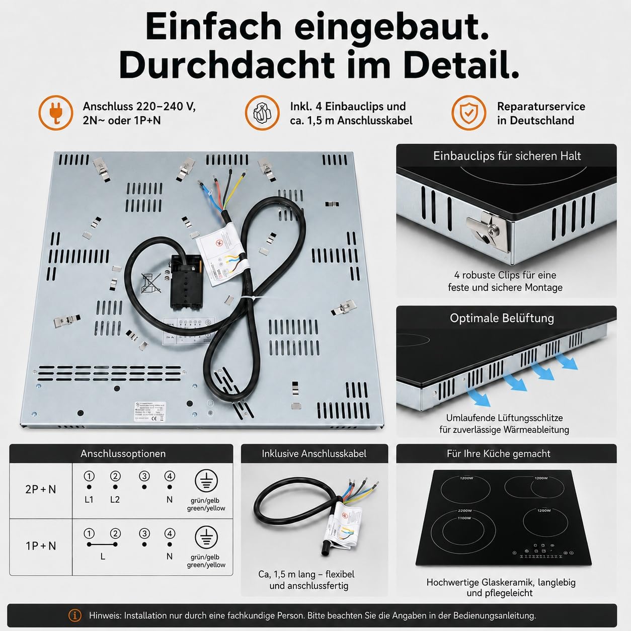 K&H Glaskeramikkochfeld NC-7206 60 cm 7200 Watt 4 Zonen 9 Leistungsstufen Starkstrom-Anschluss