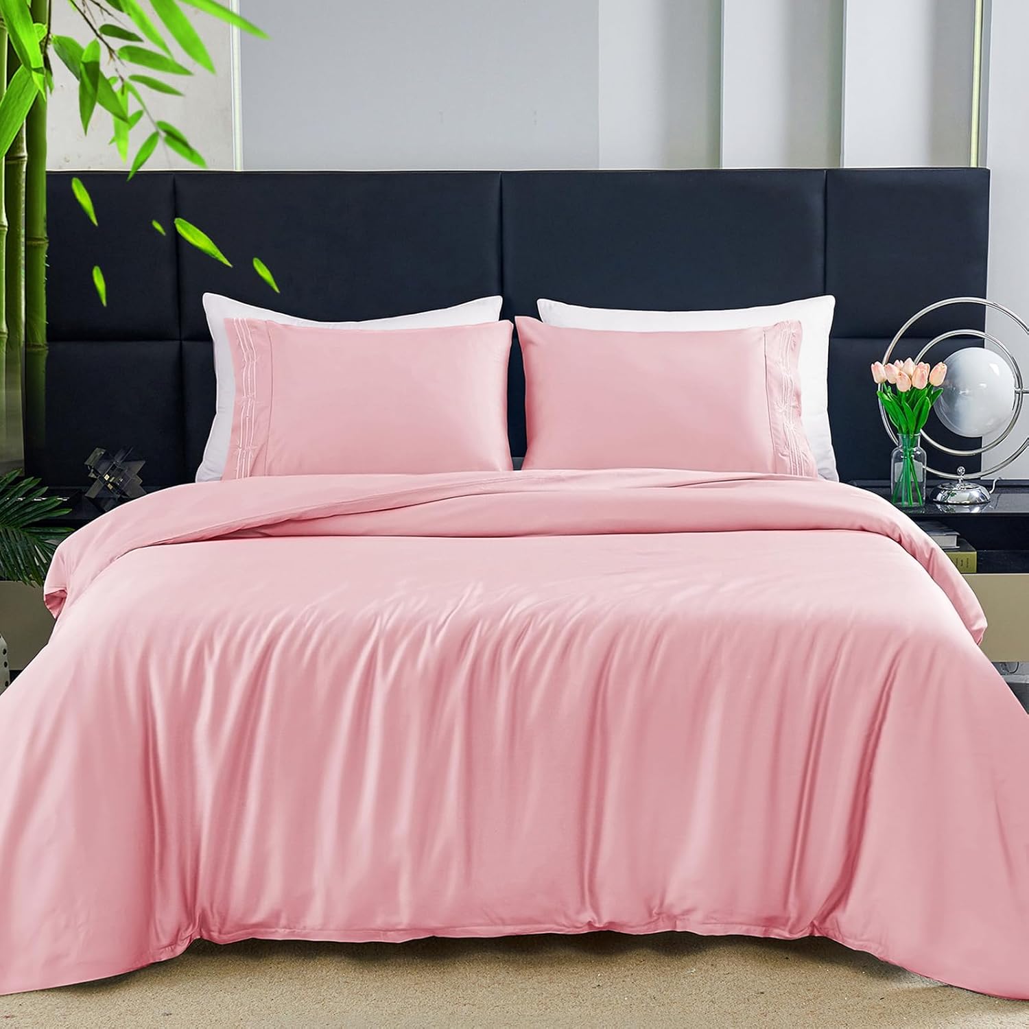 Cooling Duvet Cover King Size - 100% Viscose Derived from Bamboo - 600 Thread Count Luxury 3 PCS Duvet Cover Set - Silky, Breathable, Cooling Comforter Cover with Zipper and Corner Ties (Pink)