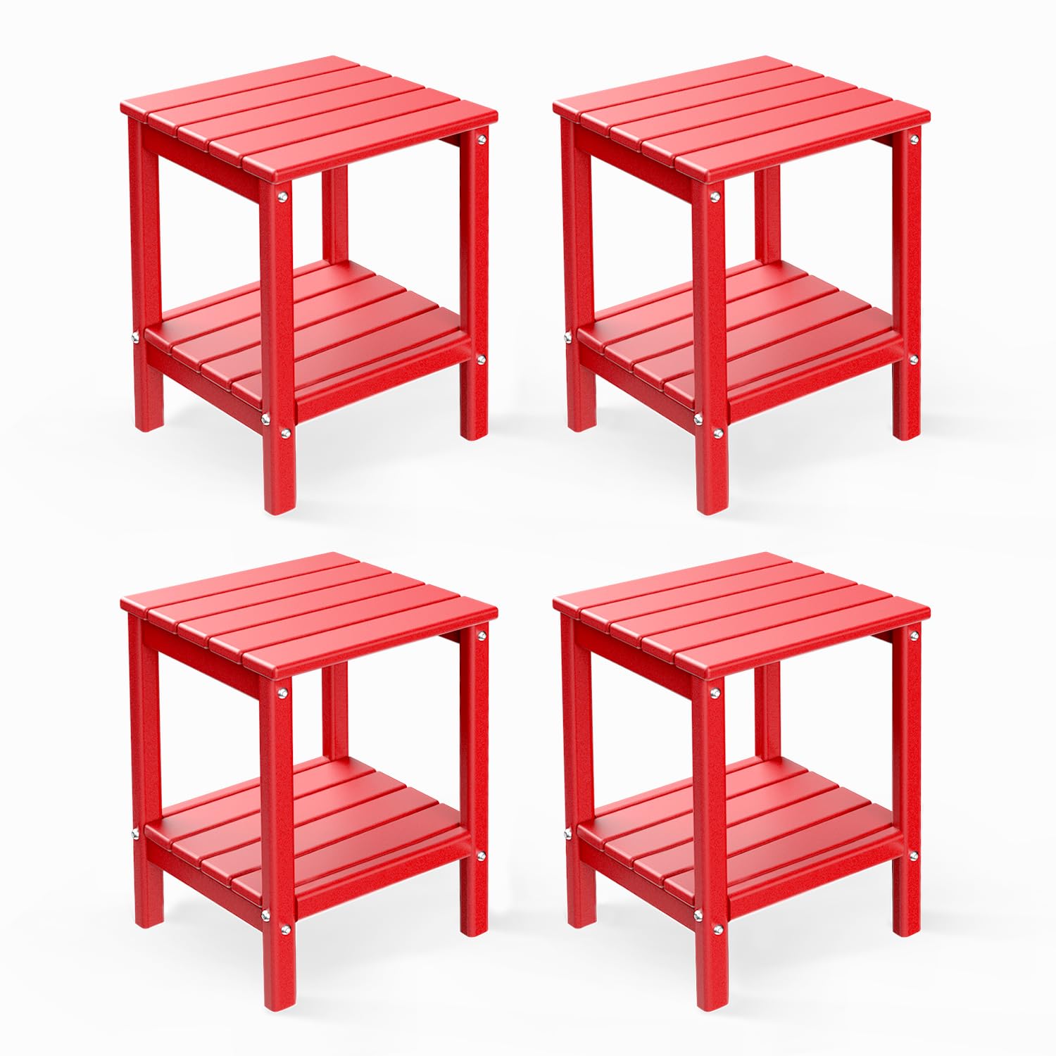 GREENVINES Adirondack-Outdoor-Side-Table | Set of 4 | 14 x 13 Inches | HDPE Plastic | All Weather | Red | Outside End Tables | Storage Shelf | for