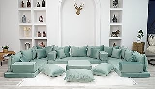 Water Green Color U Shaped Floor Seating, Velvet Floor Couch, Moroccan Home Decor Furniture,Sectional Sofa, Luxury Velvet Couches (U Sofa + Ottoman + Pillows)