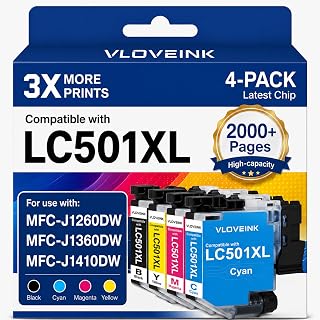 LC501XL Ink Cartridges Work with Brother MFC-J1410DW J1360DW J1260DW 4-Pack