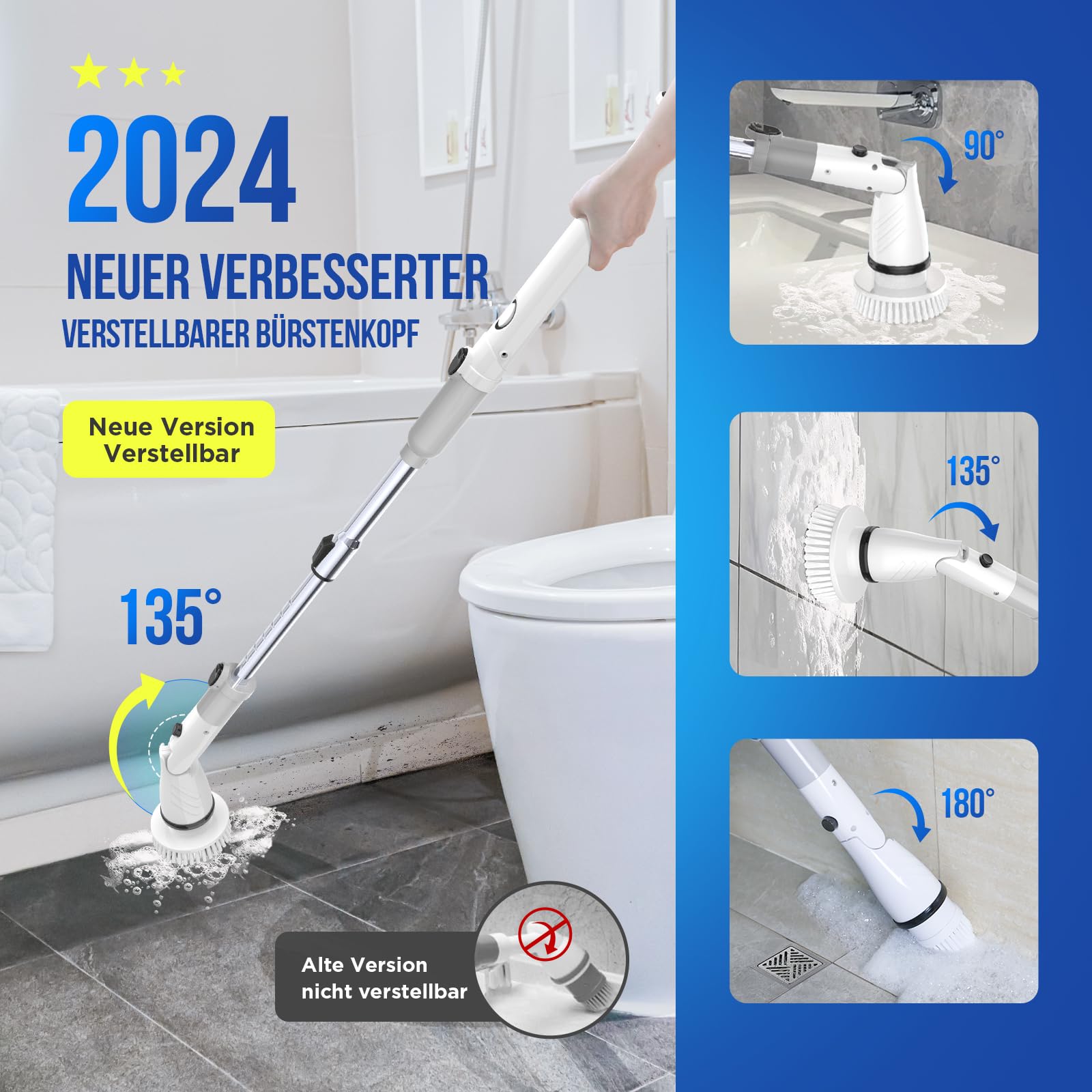 Elektryczna szczotka czyszcząca Spin Power Scrubber - bezprzewodowa z 4 wymiennymi głowicami wiertarskimi i regulowanym uchwytem do czyszczenia podłóg z płytek ceramicznych w kuchni i łazience