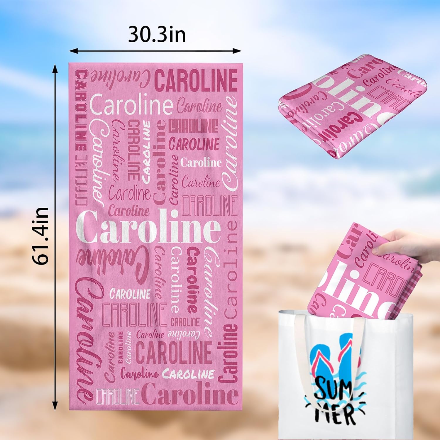 Personalized Beach Towel with Name, Custom Beach Towels with Text, Customized Towels with Name for Travel Pool Swimming Gym Vertical 30.3 × 61.4 in