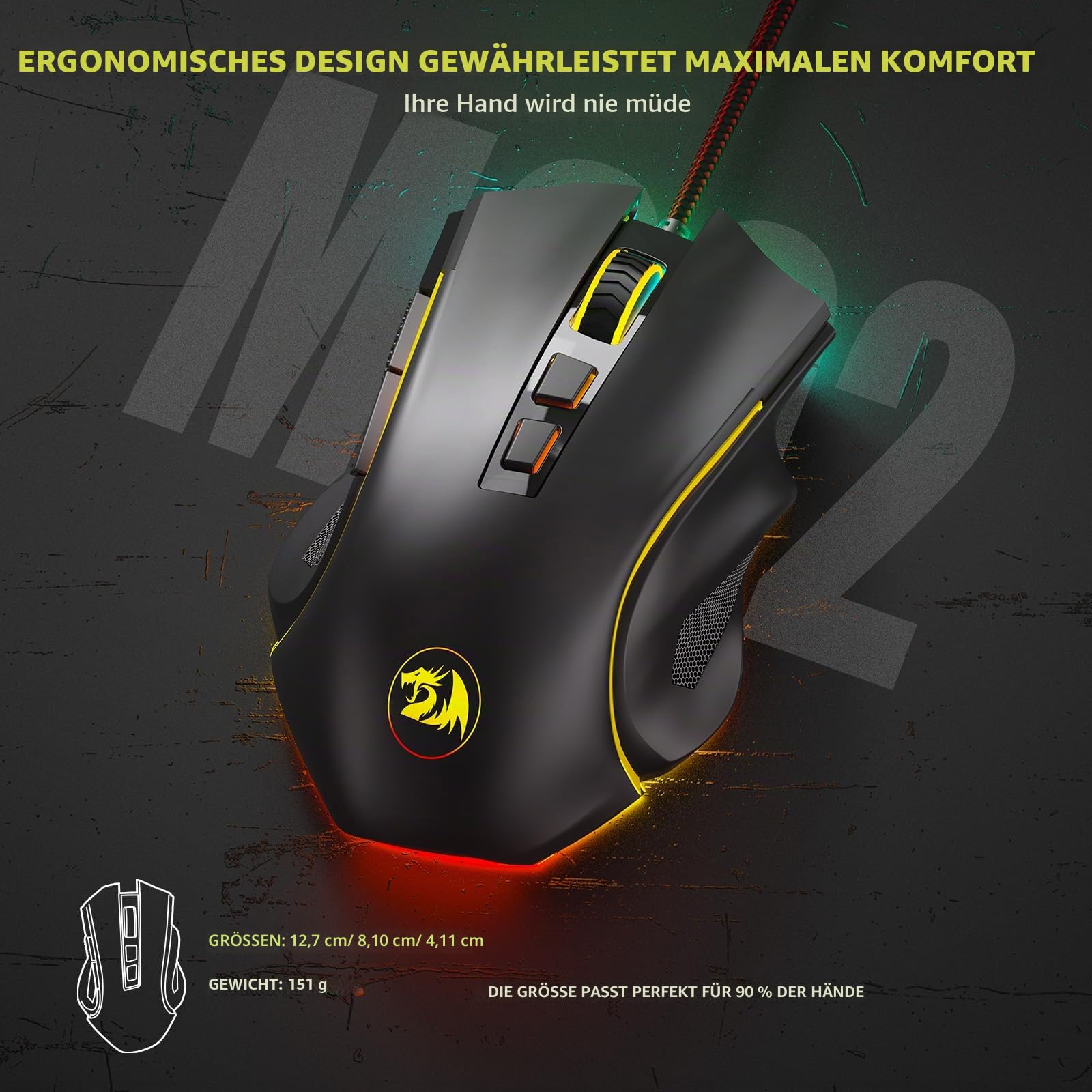 Redragon M602 Gaming Maus mit Kabel, Wired Computer Mouse Gaming mit Treiber, 7 Programmierbare Tasten und RGB-Leuchten, 7200 DPI PC Maus Gaming Ideal für PC/Laptop (schwarz)