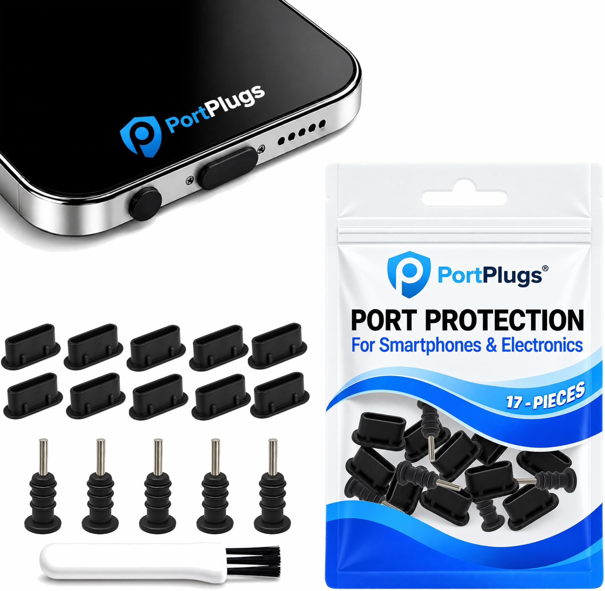 USB C Dust Plug Set 17 Piece with Carry Case and Cleaning Brush, Black