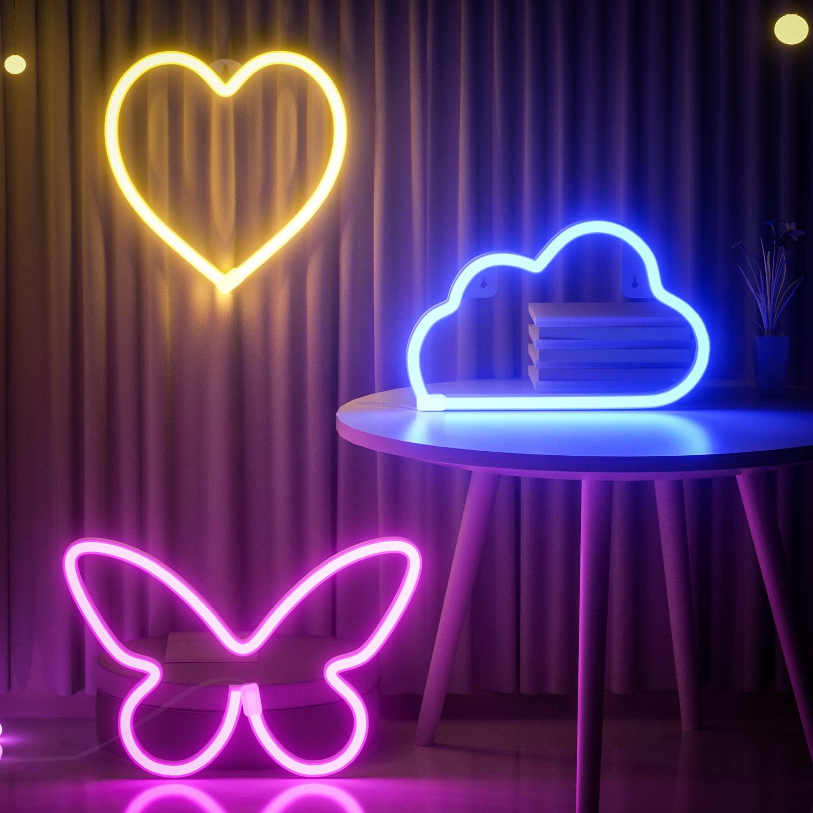 Vlogging 3 Pcs Neon Signs, LED Neon Signs for Wall Decor, Cloud / Butterfly / Heart Shaped Neon Lights Signs with USB or Battery Powered for Living Room, Kids Bedroom, Wedding, Bar, Party, Christmas
