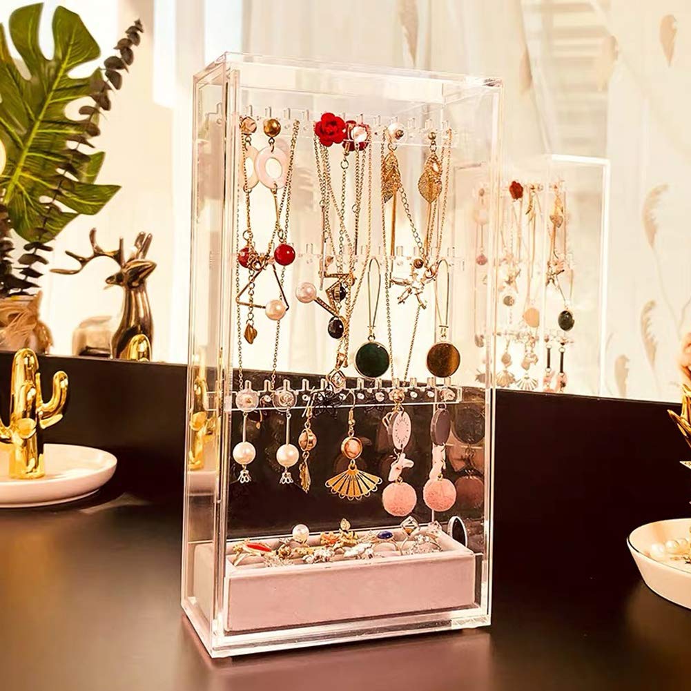 Caja de Almacenamiento de Joyas de acrílico, Expositor de Pendientes, Bandeja con cajón, para Anillos, Collares y Pulseras, a Prueba de Polvo.