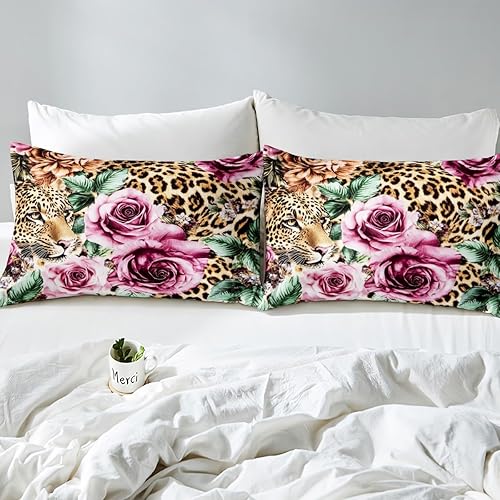 Miniatura 7 de Juego de edredón de leopardo para niñas y niños, edredón con estampado floral de flores, decorativo, lindo juego de ropa de cama con estampado de