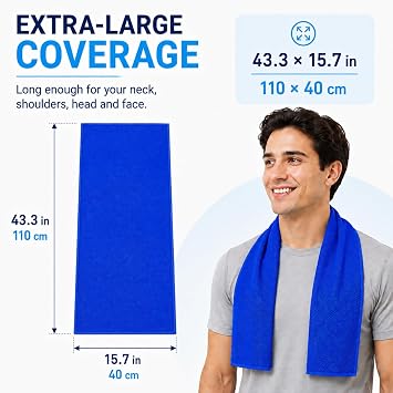 Cooling Towel for Neck and Face, 43.3 x 15.7 in, Navy Blue | Quick-dry microfiber cooling towel; wet, wring and snap for running, gym, golf, travel and hot-weather activities.