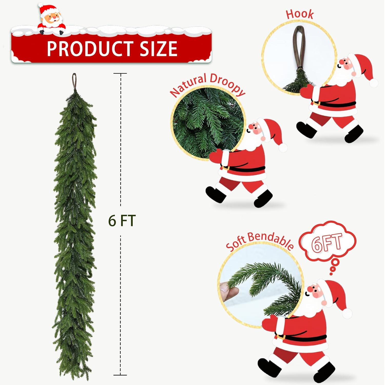 6Ft Christmas Garland Realistic Fuller,Natural Droopy,Lifelike Xmas Green Pine Cedar Mantle Garland for Table Mantle Wall Yard Fireplace Staircase, Garlands for Decoration Christmas Indoor Outdoor