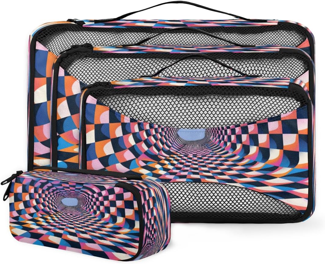 Packing Cubes for Travel Accessories with Double Zipper and Mesh Top 4 Piece Waterproof Funny Geometric Suitcase Luggage Organizer Bags for Clothes Shoes Cosmetics