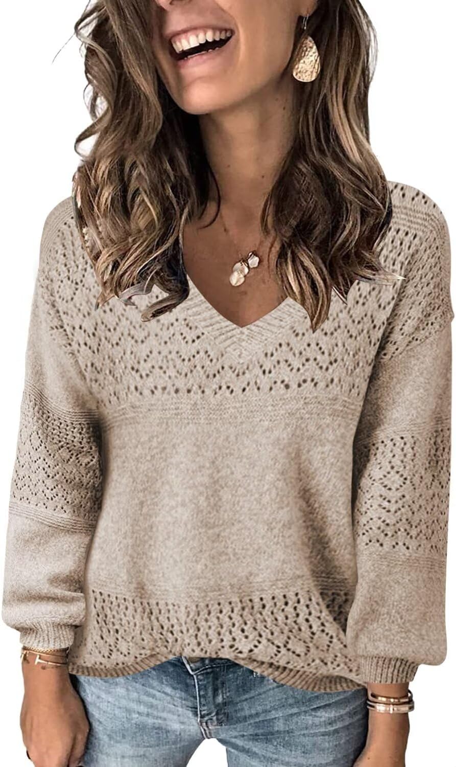JOCAFIYE Womens Sweaters Casual Long Sleeve V Neck Lightweight Hollow Out Pullover Sweater Tops