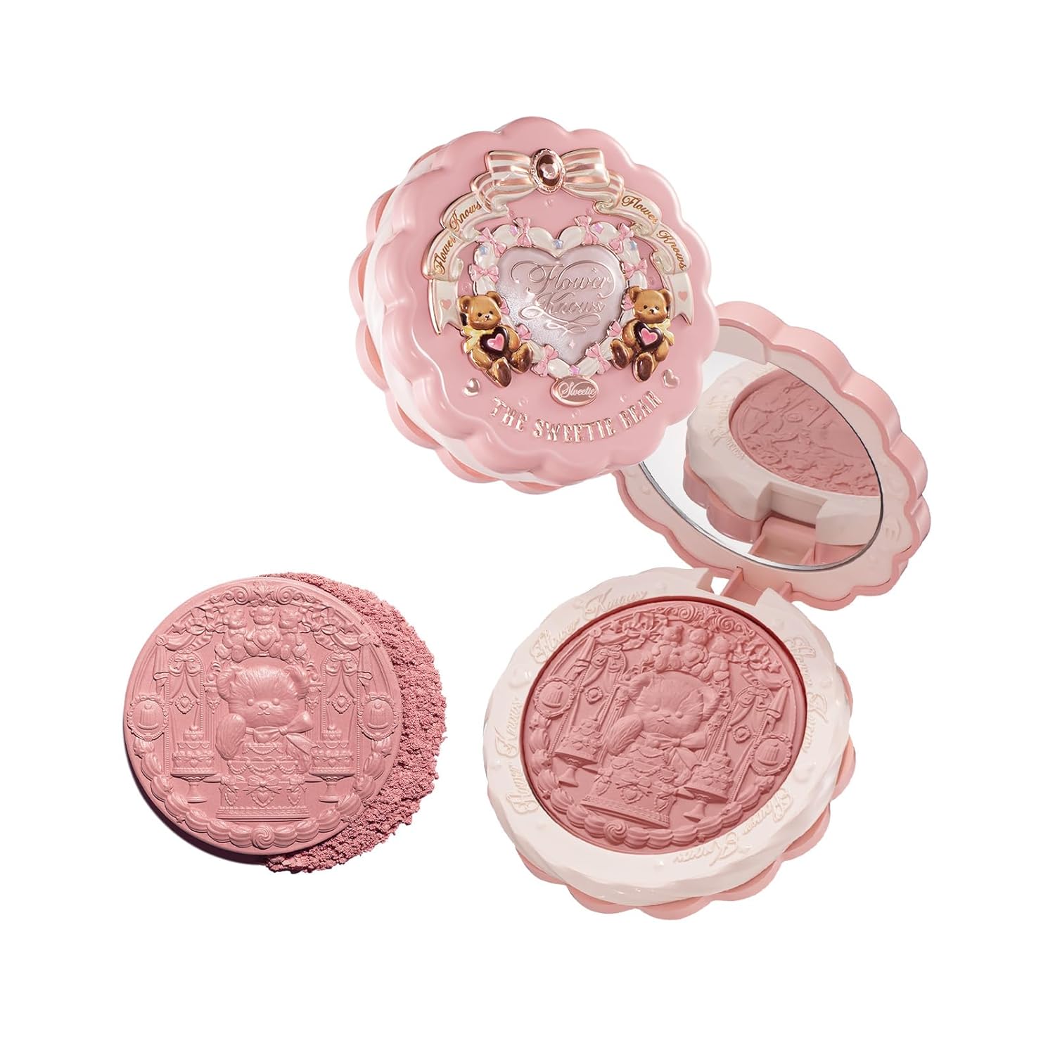 Flower Knows The Sweetie Bear Collection Silk Satin Blush,Talc-Free Muted Rose Powder Blush,Highly Pigmented,Buildable&Blendable,Dimensional Cheek Color for Luminous Look,Gift-Worthy(03 Rose Chanson)