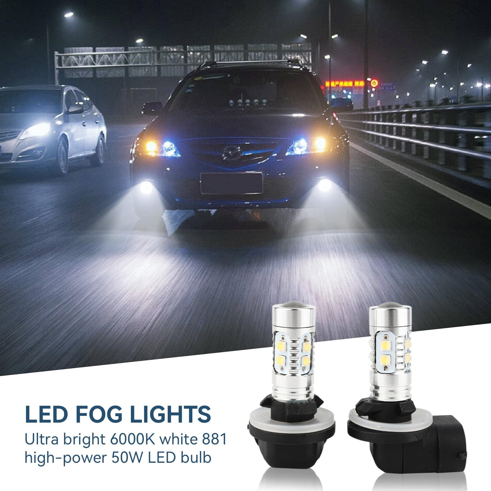 HERCHR Bombillas Antiniebla LED, H27 881 50W DRL Superbrillante Luces Antiniebla Led 6000K Reemplazo De Bombillas Antiniebla Blancas Para Luces Diurnas O De Marcha Atrás, Luces Antiniebla Traseras
