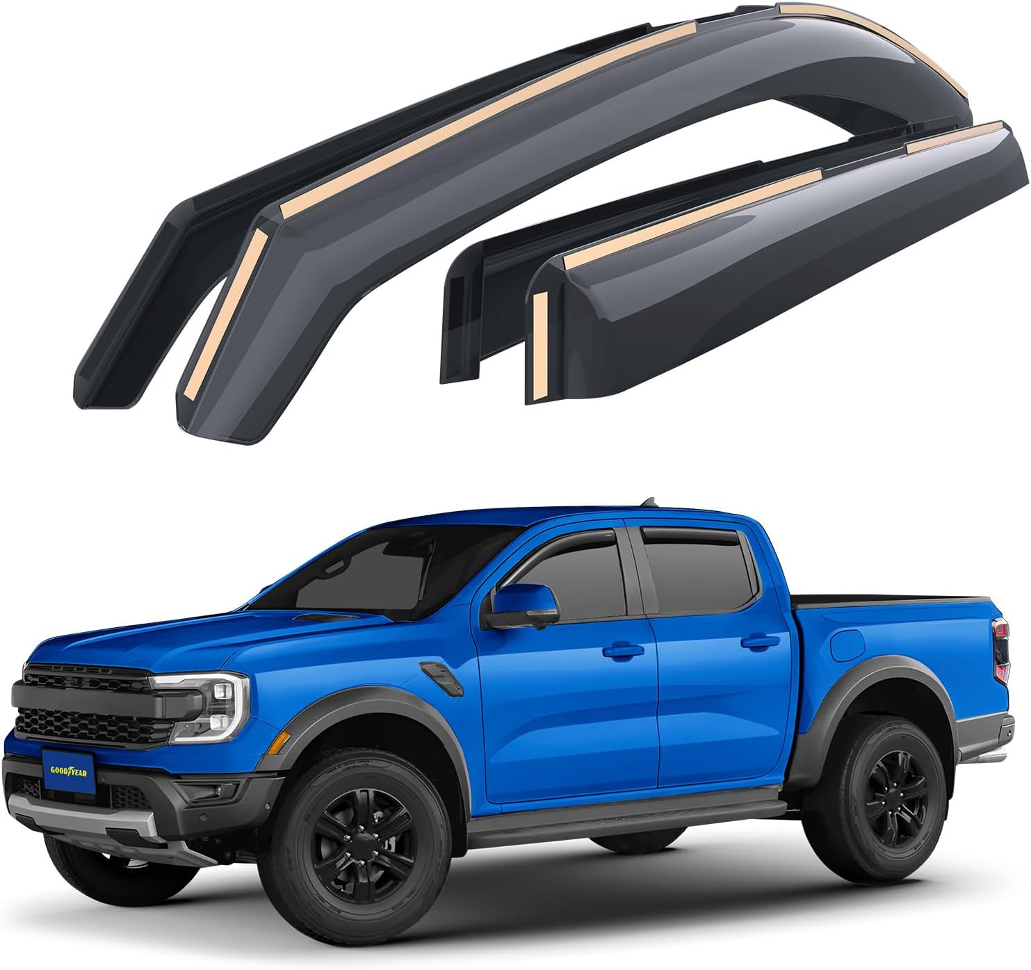 Goodyear Shatterproof in-Channel Window Deflectors for Ford Ranger 2024-2026 SuperCrew, Rain Guards, Window Visors for Cars, Vent Deflector, Car Accessories, 4 pcs - GY008446
