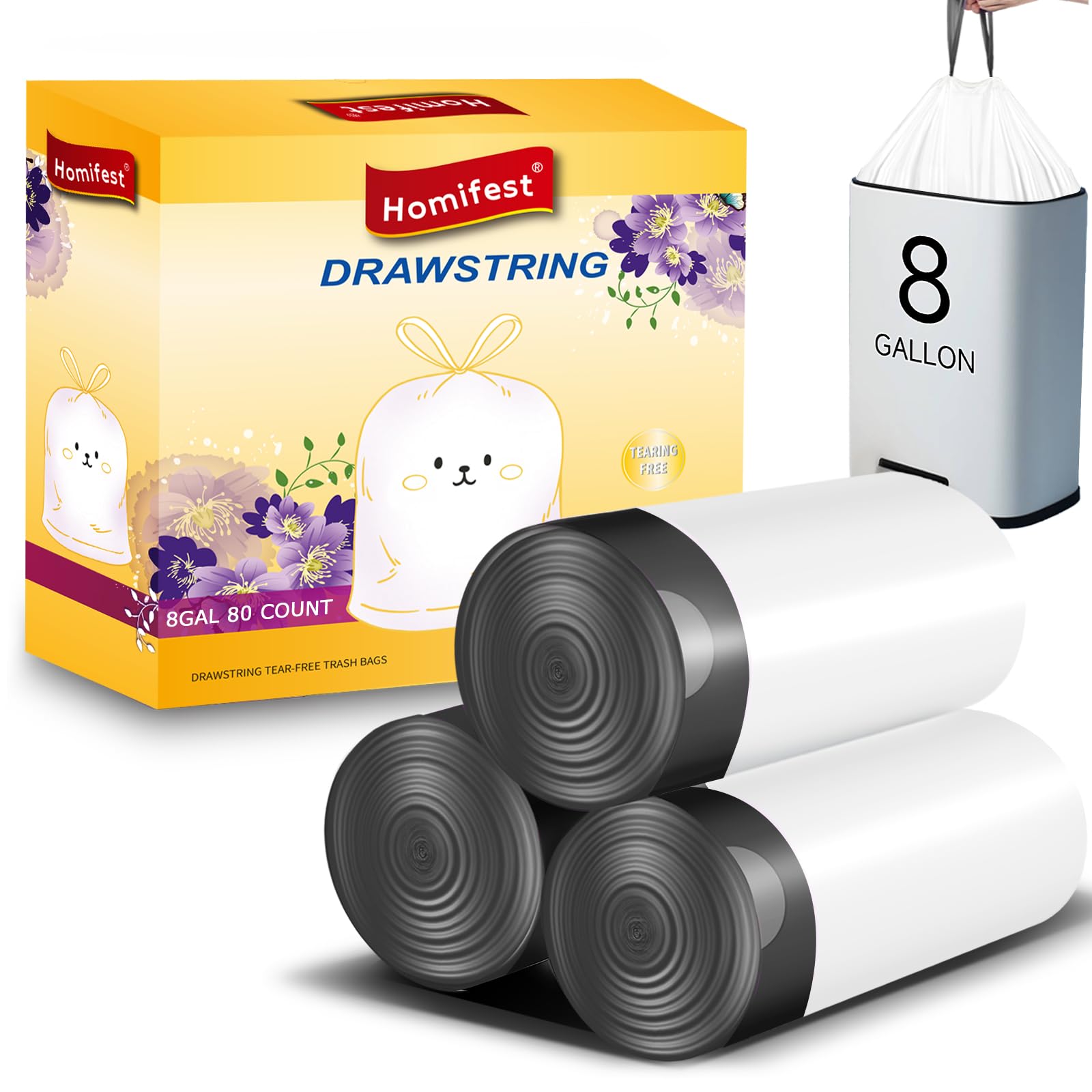 Homifest 8 Gallon Drawstring Trash Bags,80 Count White