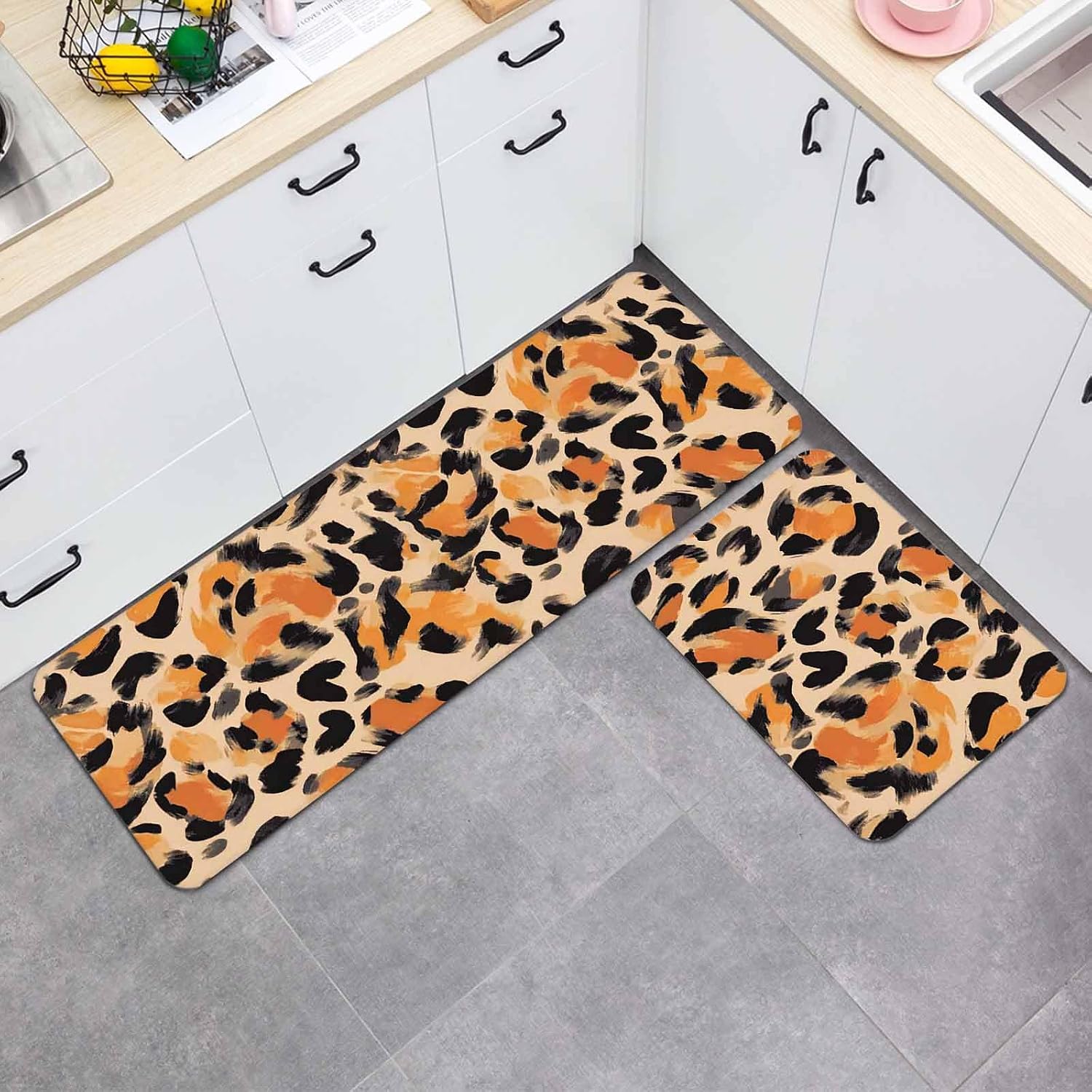 Prime Leader Leopard Print Kitchen Mat Set 2 Pieces Orange Black Spots Retro Animal Texture Non Slip Kitchen Rugs Washable Runner Rug Mats for Floor Sink Laundry Office 19.7" x 31.5"+19.7" x 47.2"