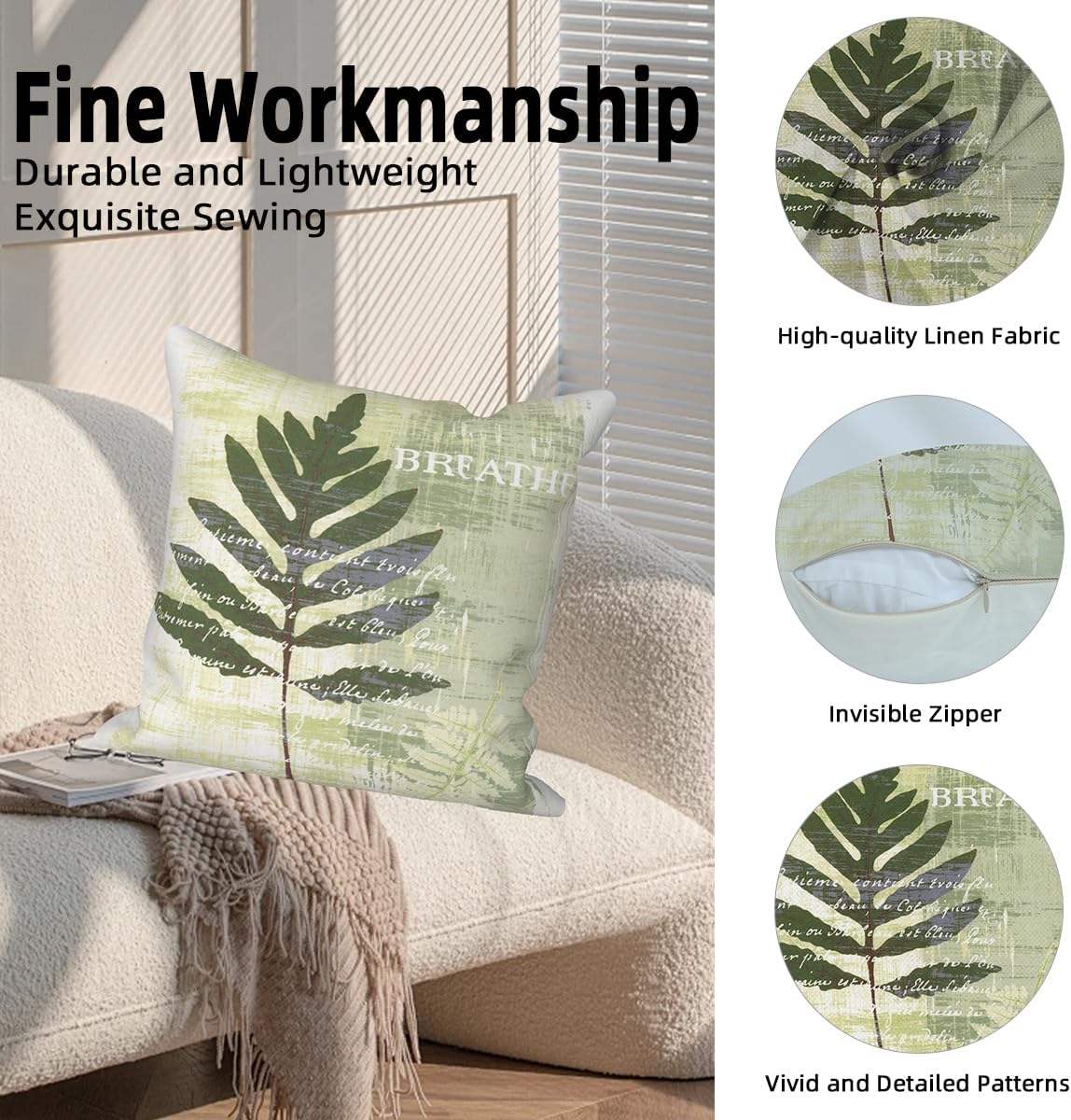 4 Pcs/Set Green Leaves Throw Pillow Covers Spring Vintage Ginkgo Leaves Nature Plants Botanical Minimalist Linen Throw Pillowcases for Couch Sofa Farmhouse Decoration, 18"x18"