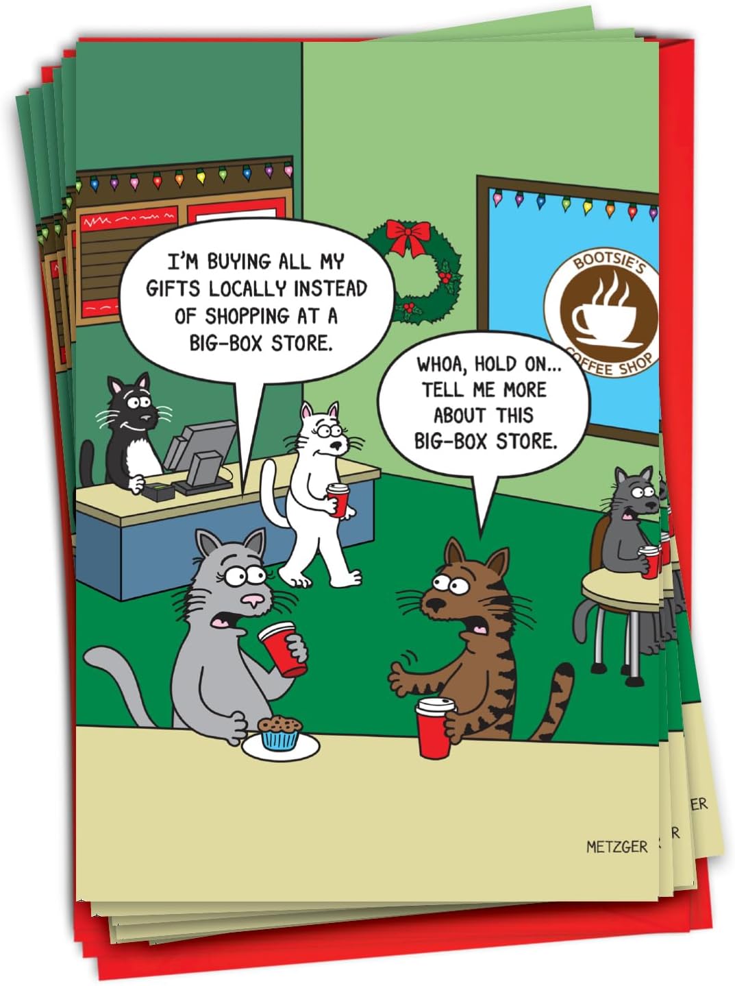 NobleWorks 12 Humorous Christmas Greeting Cards Bulk Box Set w/ 5 x 7 Envelopes (1 Designs, 12 Each) Ornament Cat Toy C7687XSG-B12x1