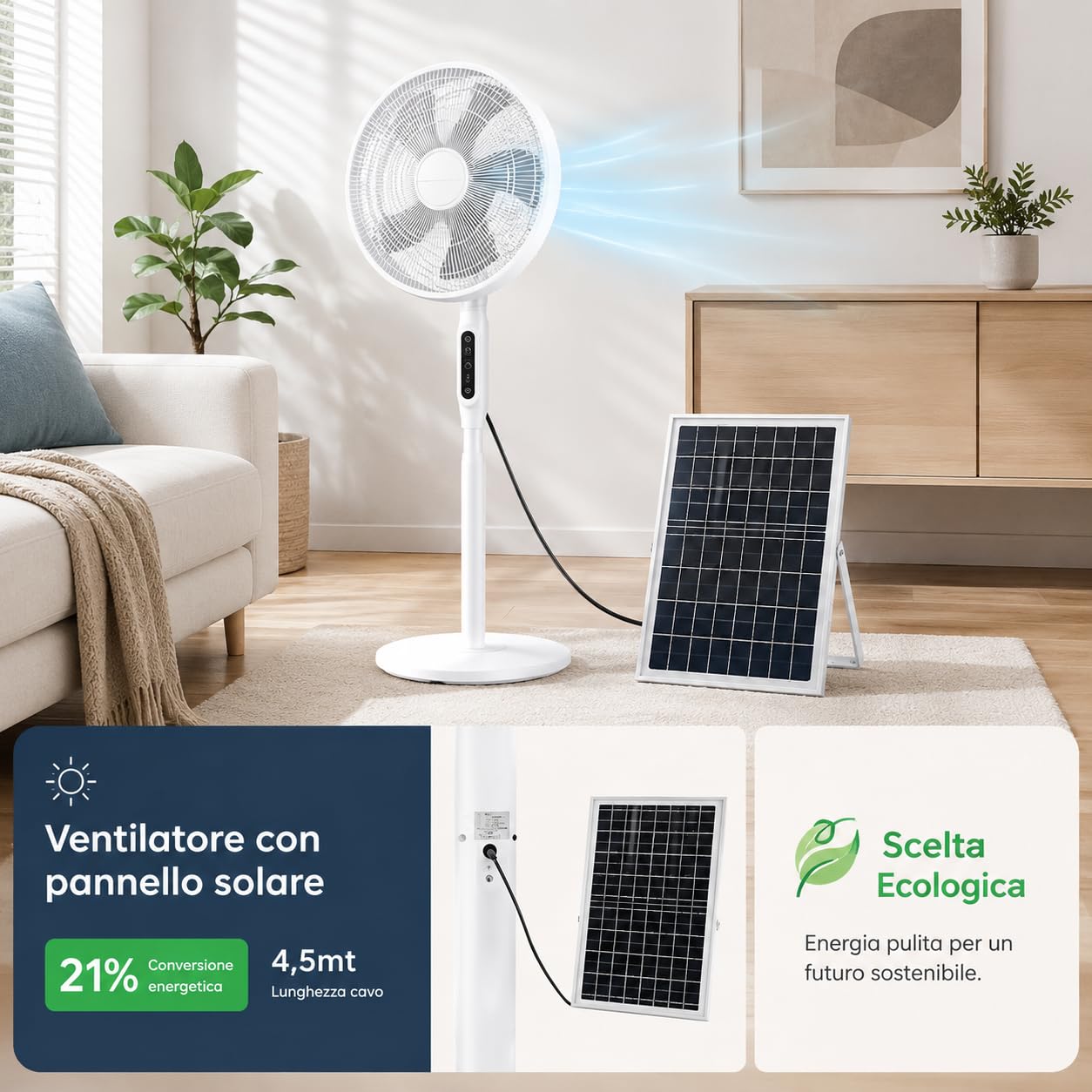 Ventilatore Solare Ricaricabile con Pannello Solare 20W, Ventilatore a Piantana Senza Fili con Batteria 18000mAh, 3 Velocità, Telecomando, USB-C, Oscillazione Automatica, per Campeggio Giardino Spiagg