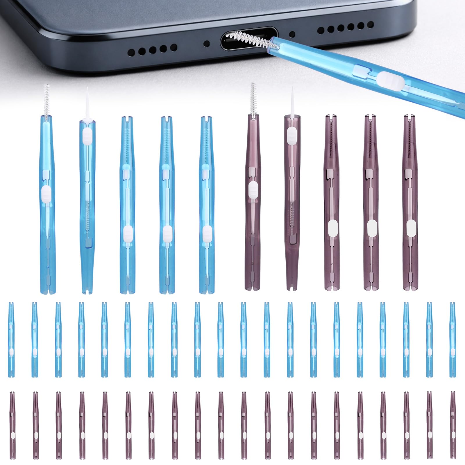 50pcs Mobile Phone Cleaning Kit, Double-Sided USB-C Port Cleaner Brush Tools with Nylon Bristles & Hook Dust Remover for Headphones Speakers Charger (Purple, Blue)