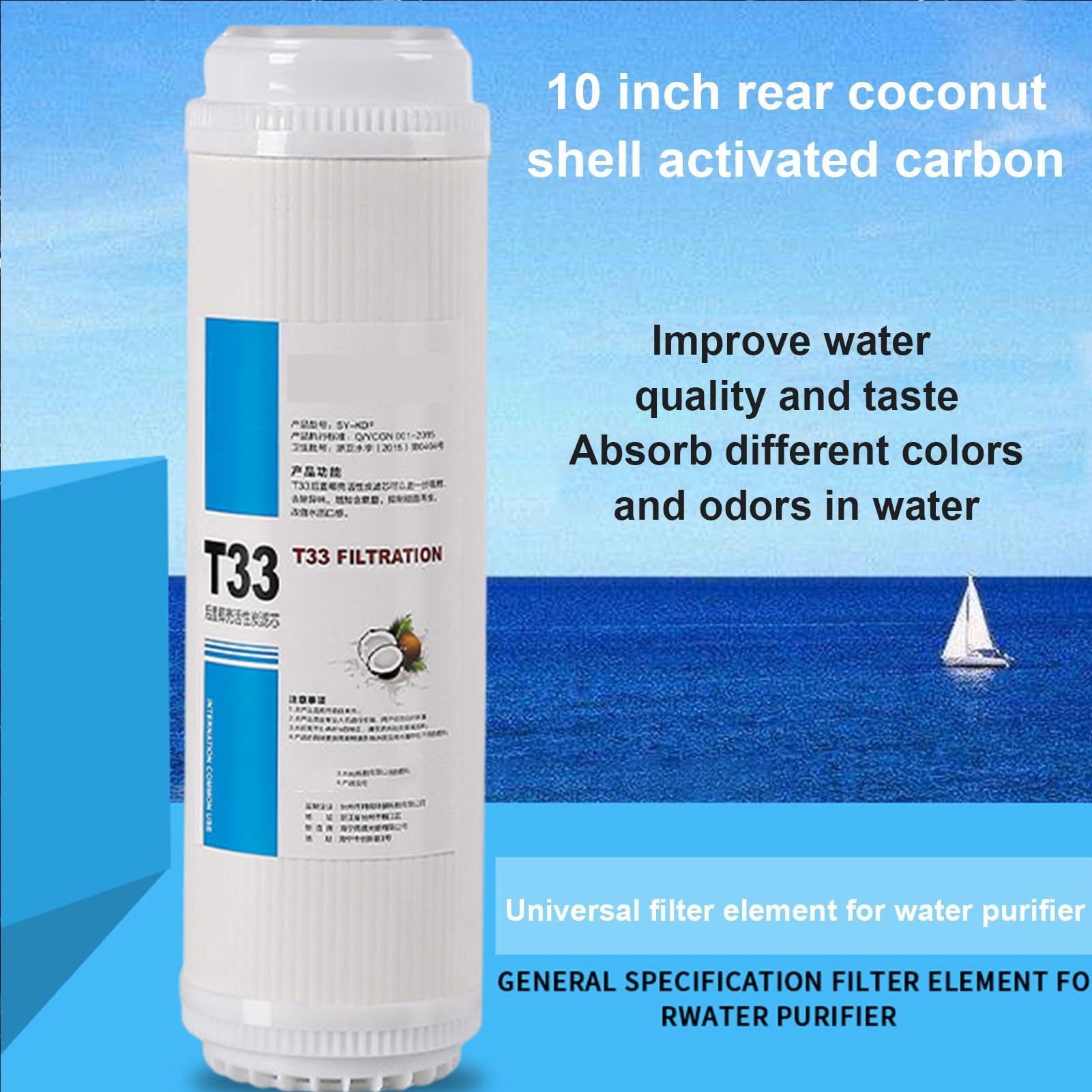 GAC - Cartuccia filtrante per acqua, carbone attivo con guscio di cocco ad alto valore di iodio, set universale T33 per sistema di osmosi inversa sotto il lavandino