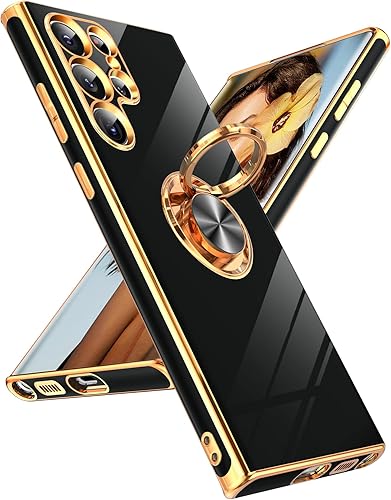 LeYi Funda para Samsung Galaxy S22 Ultra con soporte de anillo giratorio de 360, soporte magnético, chapado en oro rosa borde protector Galaxy S22