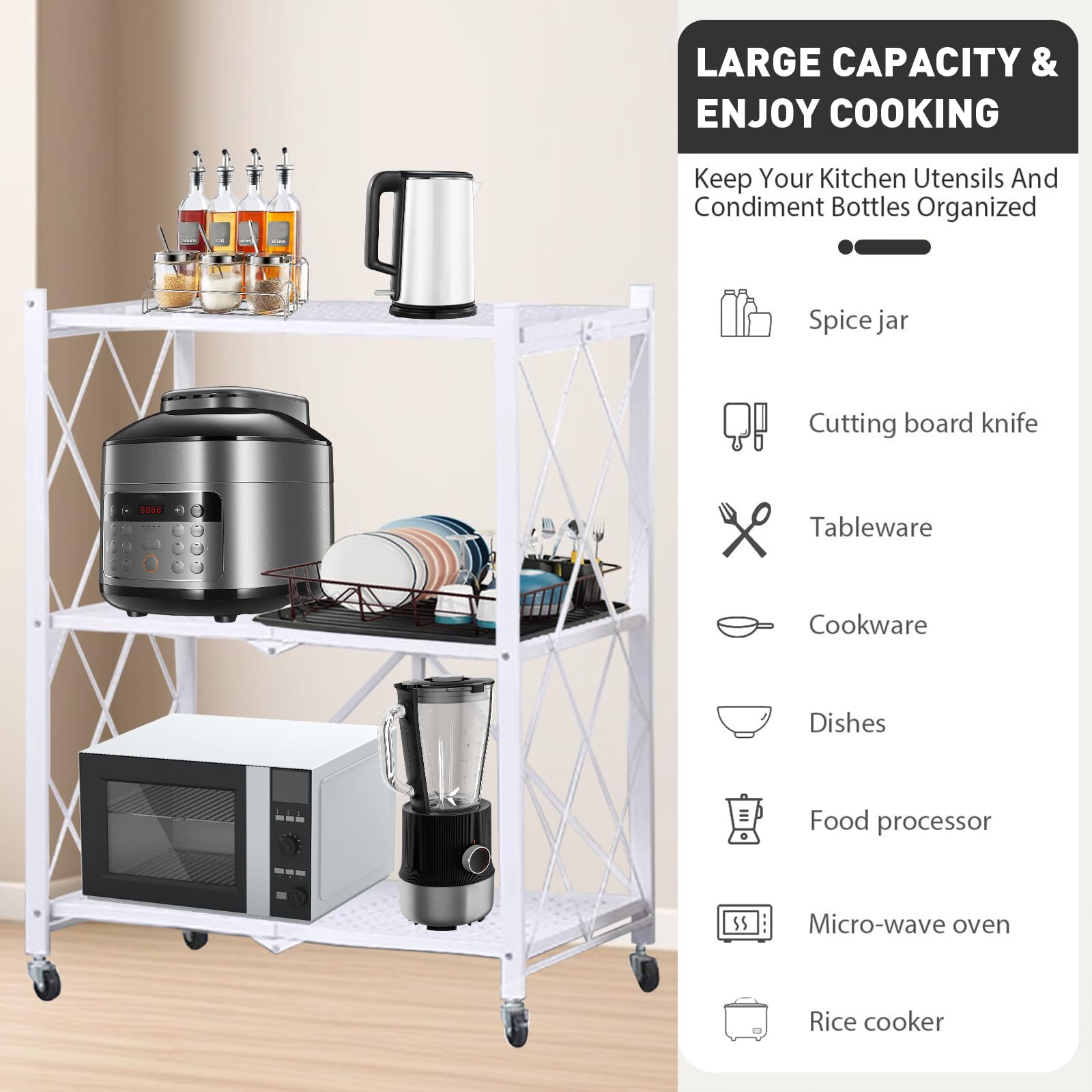 Scaffalatura in metallo a 3 livelli, per carichi pesanti, colore nero, 72 x 34 x 87 cm, pieghevole, scaffale da cucina, non è richiesto, robusto scaffale in metallo con ruote, colore