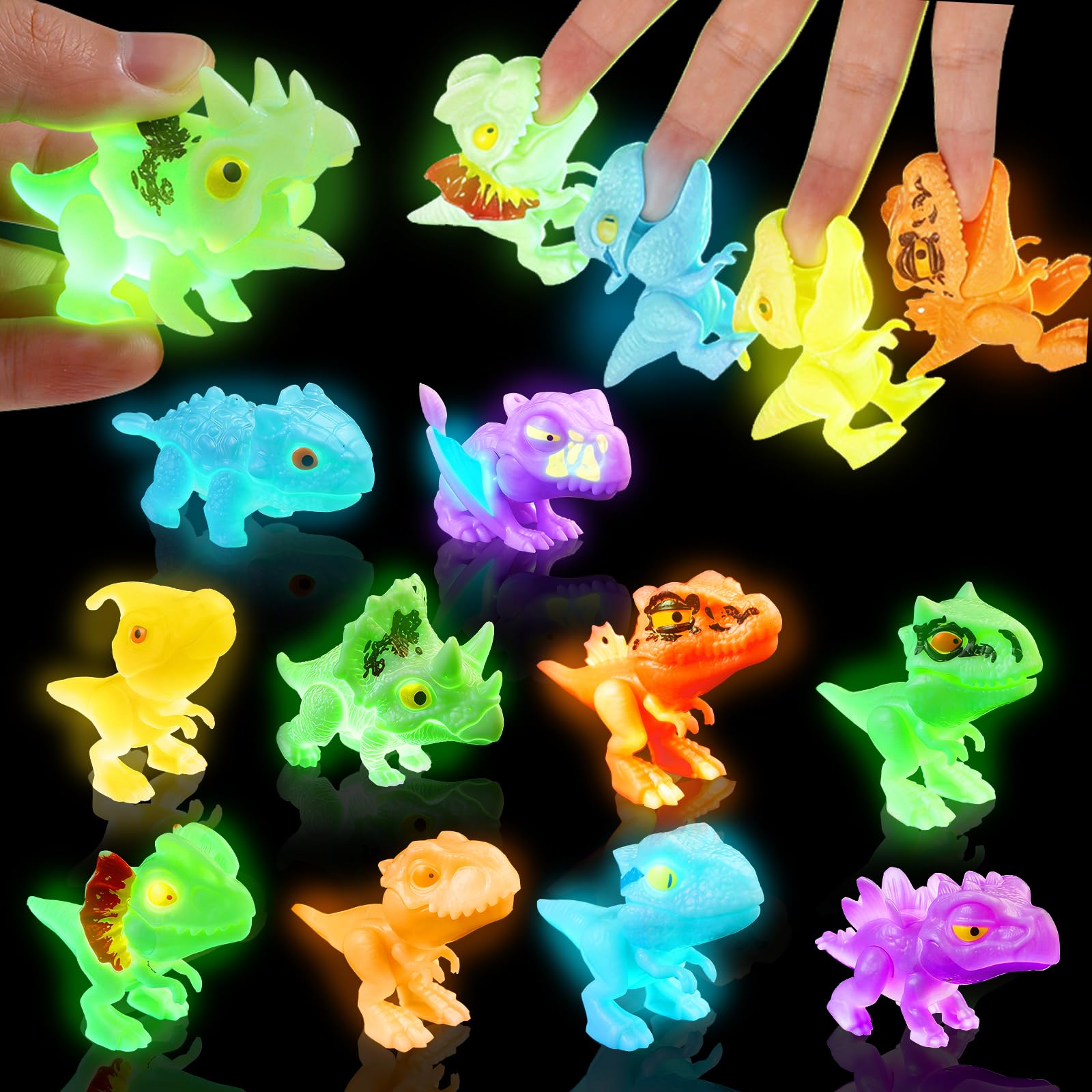 LUKIUP 10 Pièces Lumineux Dinosaure Jouet, Nouveau Populaire Dinosaure Jouet Phosphorescence, Mini Figurines, Jouets Dinosaures à Mordre Les Doigt, Cadeau de Jeu pour Garçons et Filles