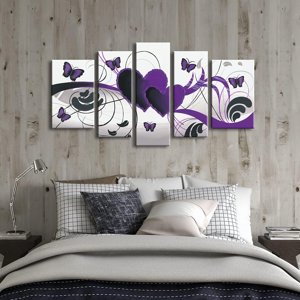 Wieco Art Purple Love Butterfly 5 Panels Modern 100% Hand Painted Stretched and Framed Abstract Romance Artwork Oil Paintings on Canvas Wall Art Ready to Hang for Home Decor 5pcs/set