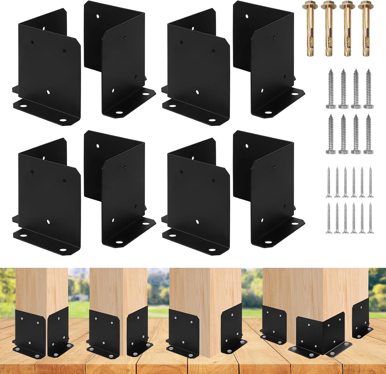 Post Anchor Brackets Kit for 6x6 8x8 Post, Adjustable Post Base Heavy Duty Half Column Support Bracket for Pergola Railing Mailbox Deck Black 8 PCS