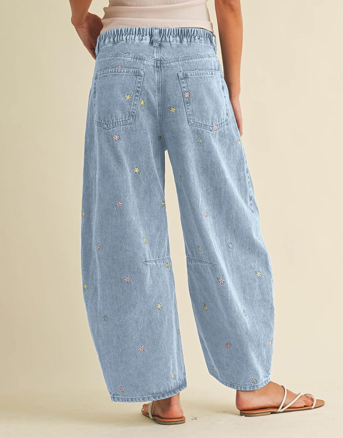 loveimgs Women Boyfriend Baggy Barrel Jeans Mid Rise Wide Leg Jeans Embroidered Denim Ankle Pants Patchwork Sweatpants Y2k