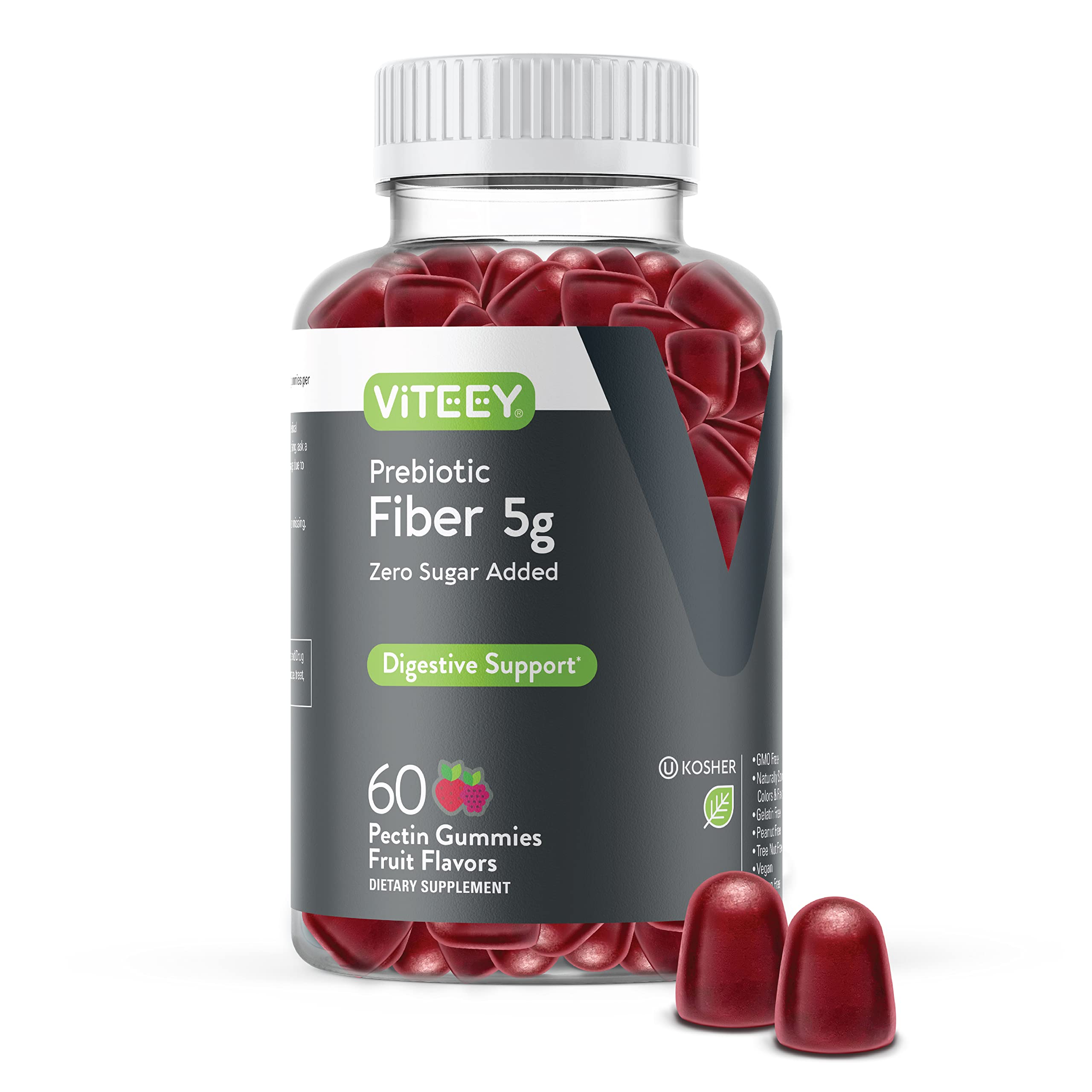 Viteey Prebiotic Fiber Gummies for Adults, 5g - Gut Health & Digestive Soluble Fiber Supplement Gummies - Zero Sugar Added, Vegan, Gluten-Free - 60 Count